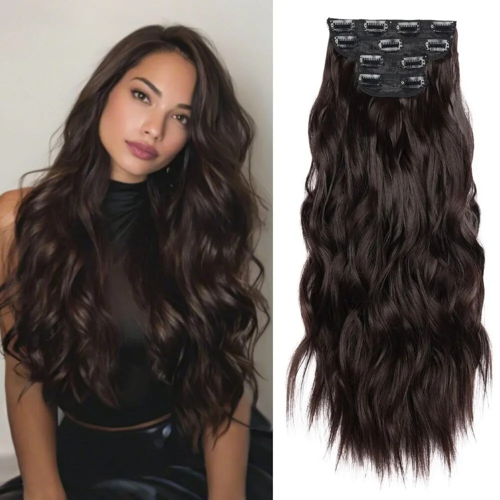 4Pcs Dark Brown Long Wavy Synthetic Clip In Hair Extensions for Women
